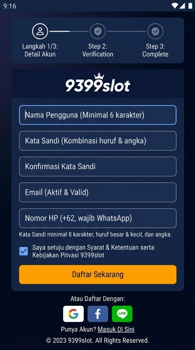 Tampilan halaman daftar 9399slot