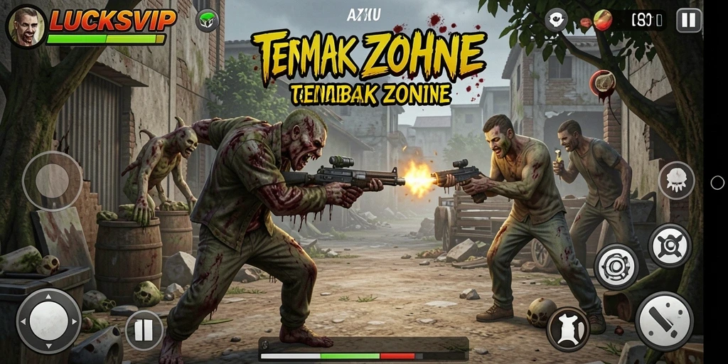 Tampilan antarmuka LUCKSVIP dengan aksi menembak zombie.